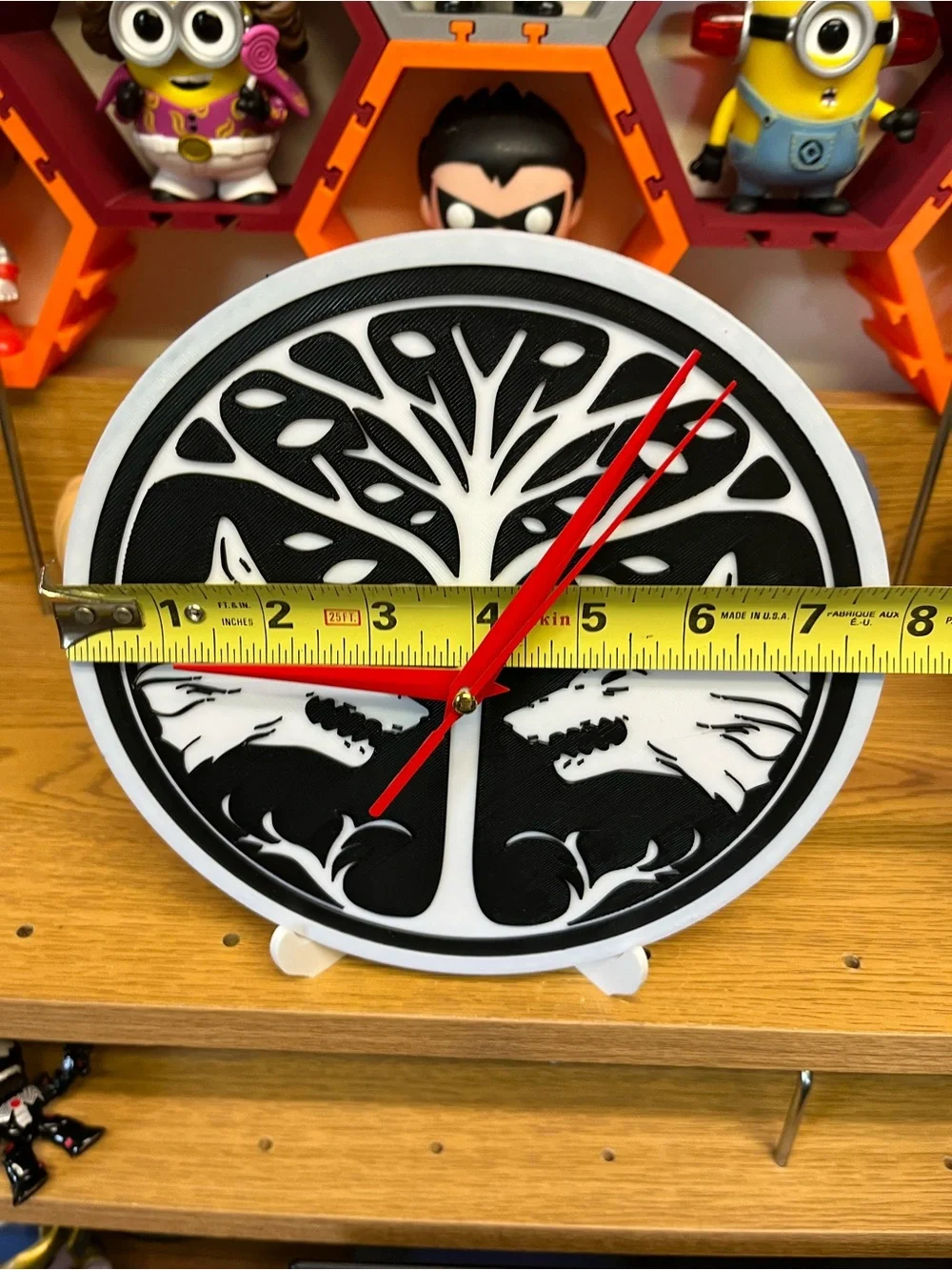 Black and White Wolf Tree Wall Clock with Red Hands